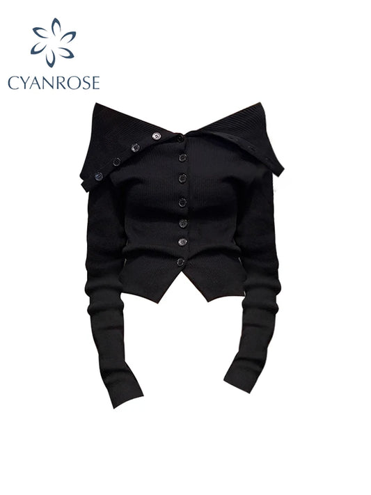 Women's Black Gothic Cardigan Knitted Sweater Harajuku Korean Aesthetic Y2k Long Sleeves Sweaters Jumper Vintage 2000s Clothes