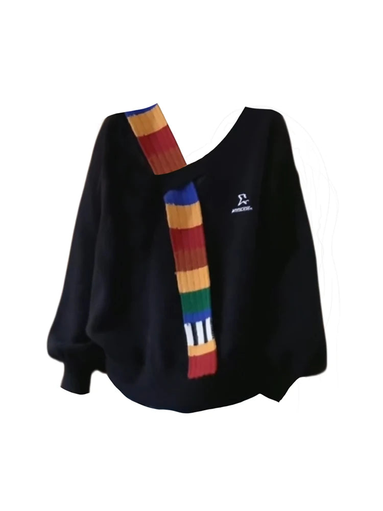 Women's Black Gothic Pullover Sweater Harajuku 90s Vintage Korean Y2k Long Sleeves Cashmere Sweaters Jumper 2000s Clothes Autumn