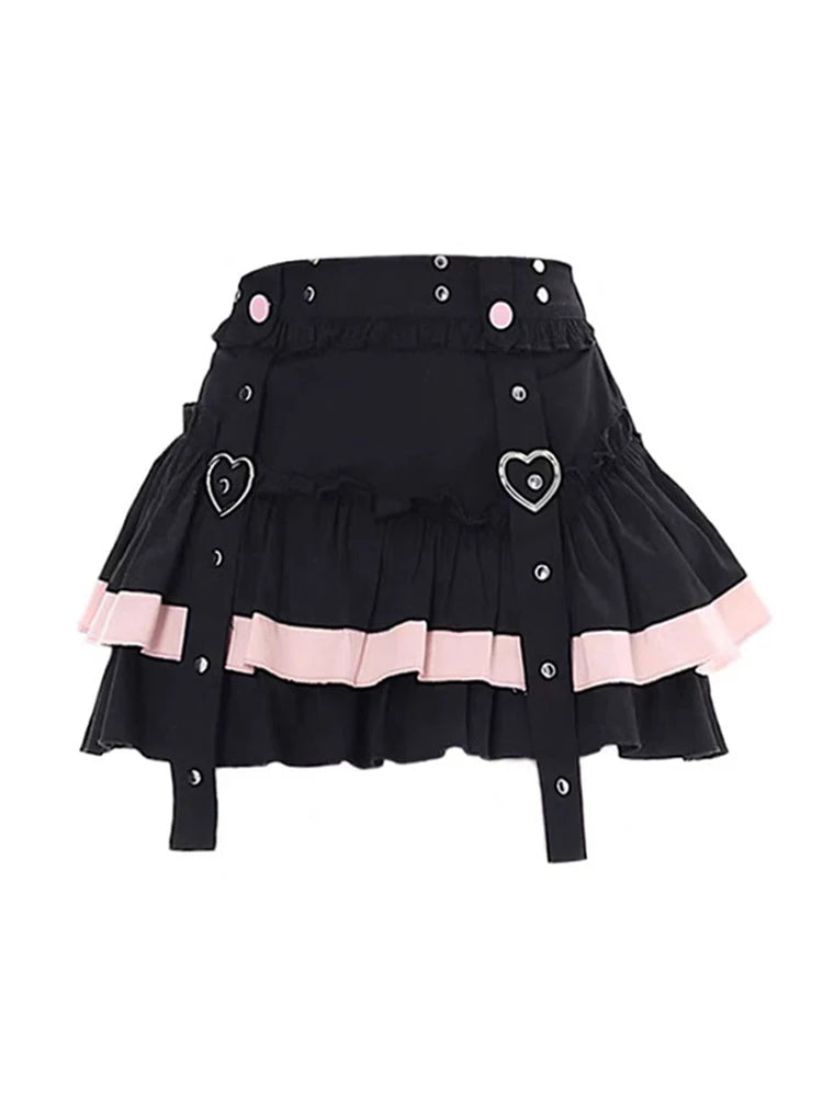 Women Black Gothic A-line Pleated Skirt Vintage Fashion Aesthetic Y2k Emo Mini Skirt Harajuku Korean Skirt 2000s Clothes Summer