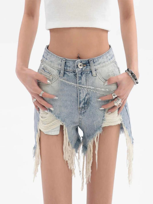 2025 Fashion Gyaru Jean Shorts Ripped Hole High Waist Cotton Denim Shorts Tassels Gyaru Sexy Hot Pants Streetwear Coquette Y2K
