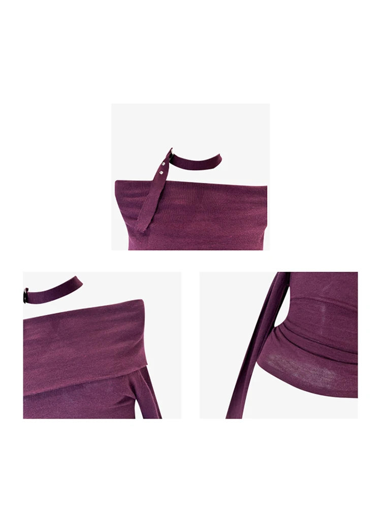 Women's Slash Neck T-shirt Korean Y2k 90s Tee Top Harajuku 2000s Vintage Streetwear Aesthetic Purple Long Sleeve T-shirt Clothes