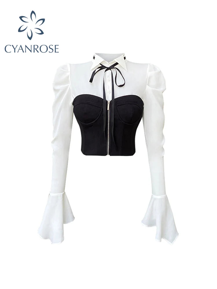 Chic Black Chiffon Shirt Long Sleeve Tops Fashion Sexy Underbust Corset Women Bustier Tube Patchwork Fishbone Crop Tops 2022 New