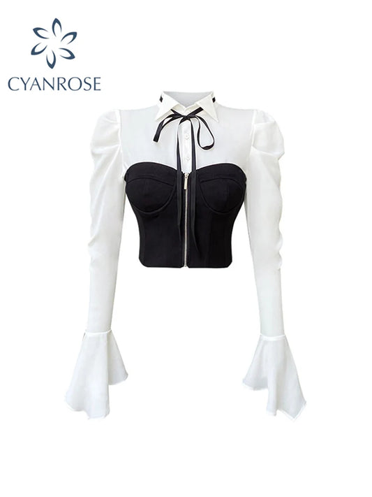 Chic Black Chiffon Shirt Long Sleeve Tops Fashion Sexy Underbust Corset Women Bustier Tube Patchwork Fishbone Crop Tops 2022 New