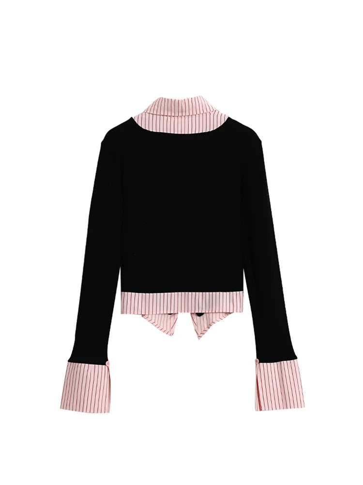 Y2K Pink Patchwork Blouse - Korean Vintage Long Sleeve 2025 Autumn