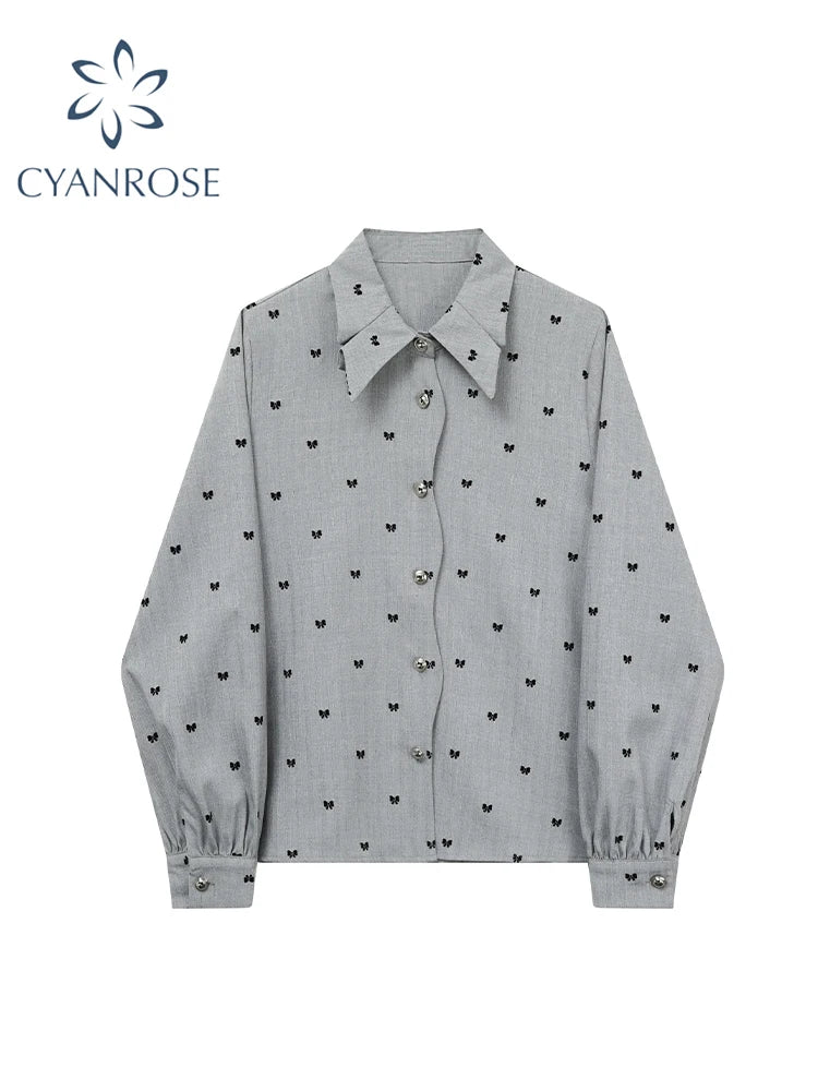 Women Grey Bow Print Shirts and Blouses Y2k 90s Vintage Korean Harajuku 2000s Elegant Long Sleeve Polo-Neck Shirt Trashy Clothes
