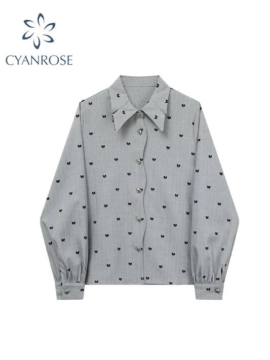 Women Grey Bow Print Shirts and Blouses Y2k 90s Vintage Korean Harajuku 2000s Elegant Long Sleeve Polo-Neck Shirt Trashy Clothes
