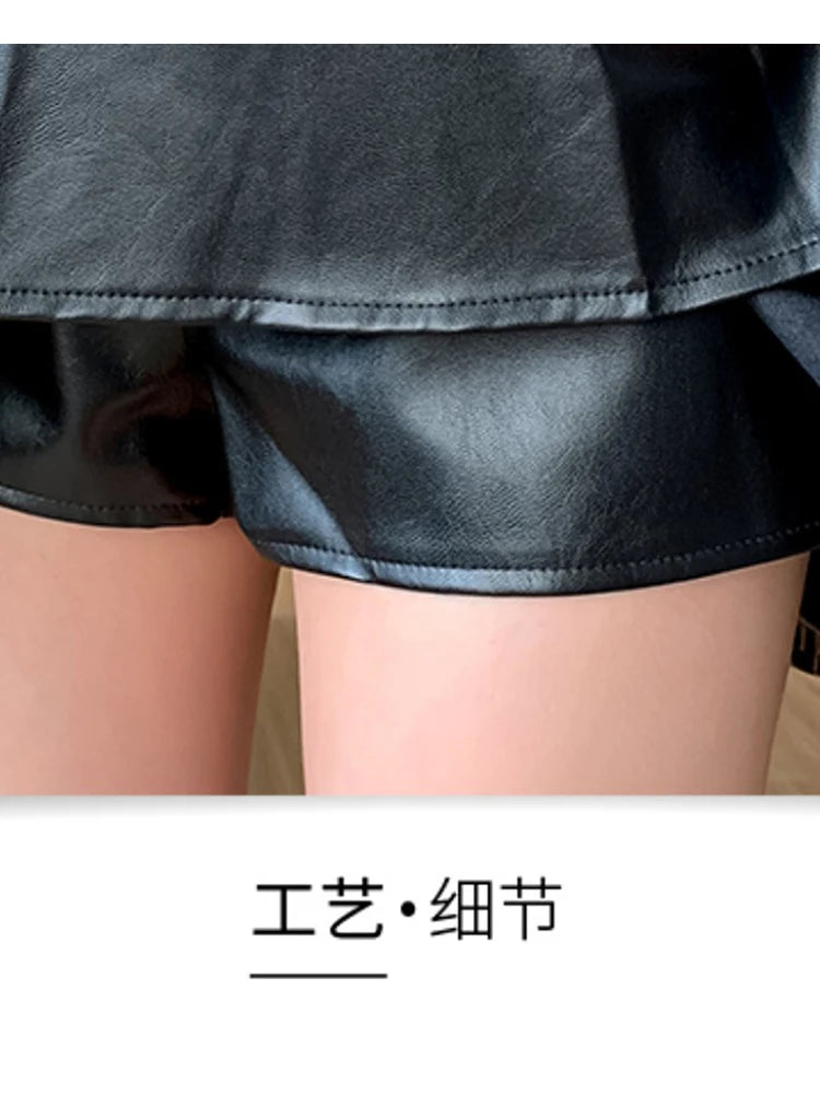 Women Leather Skirts Vintage Female Streetwear Korean High Waist Fashion Y2k Black Gothic Punk Silver A-line Pleated Mini Skirt