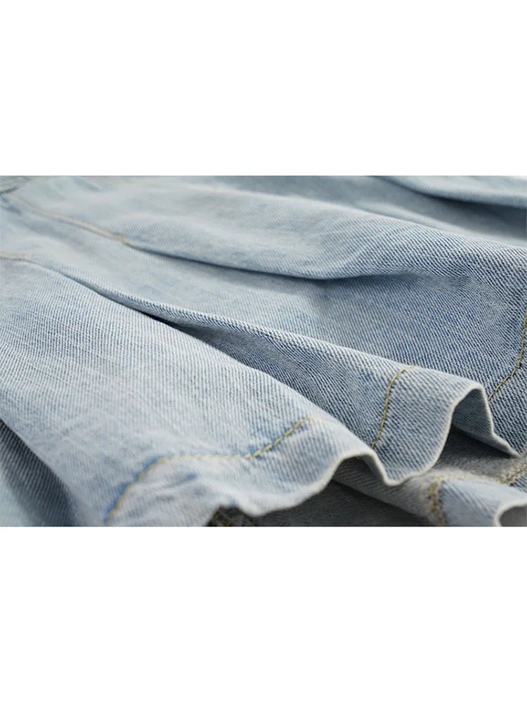 High Waist Denim Mini Skirt Women Korean Vintage New Fashion Slimming Versatile Denim Button Lotus Leaf Pleated Skirts Female