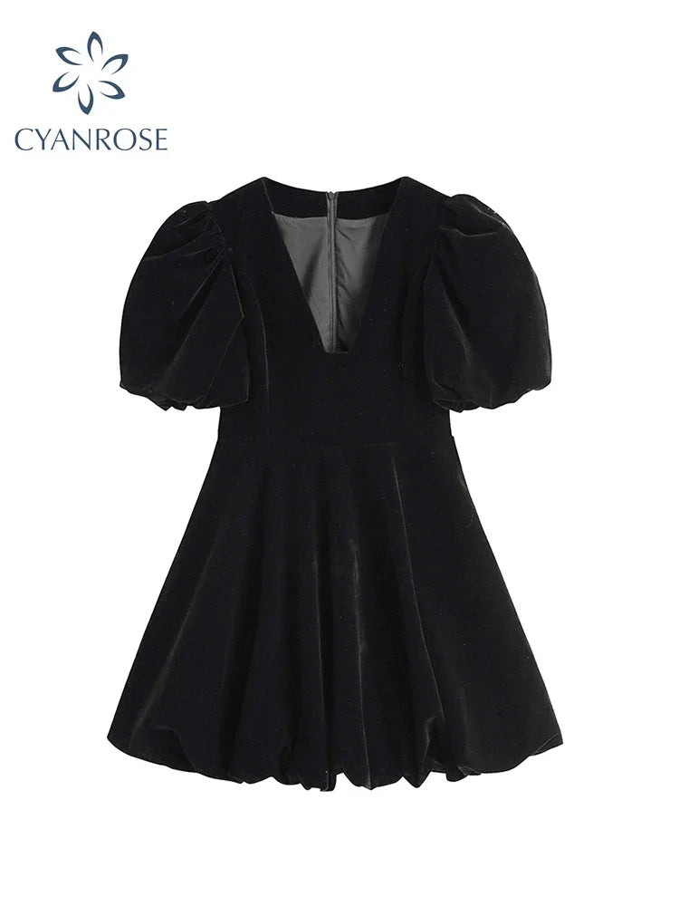 Vintage French Crop Dress Women 50s 60s Audrey Hepburn Flannel V Neck Dresses Puff Short Sleeve Sexy Party Elegant Fluffy Frocks