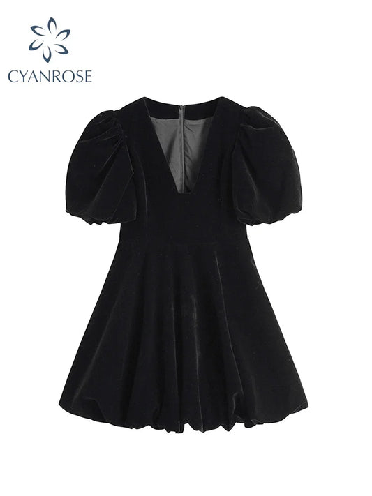 Vintage French Crop Dress Women 50s 60s Audrey Hepburn Flannel V Neck Dresses Puff Short Sleeve Sexy Party Elegant Fluffy Frocks