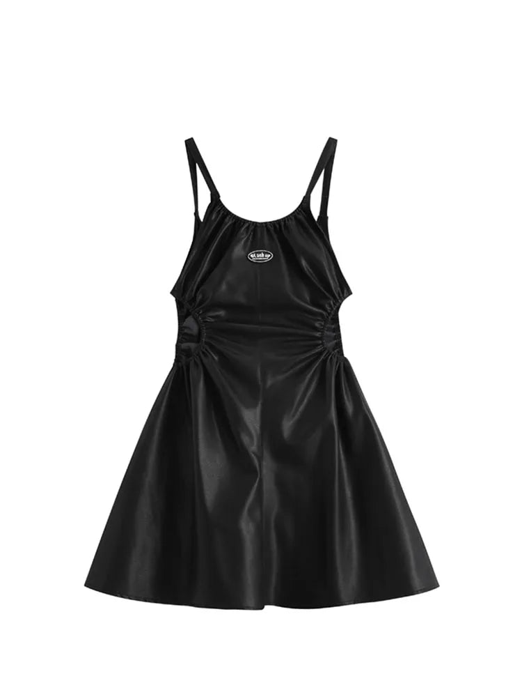 Pu Faux Leather Sexy Black Spaghetti Strap Mini Dresses Women High Waist Hollow Out Design Backless Loose Party Club Midi Frocks