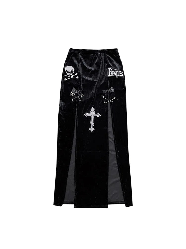 Goth Vintage Black High Split Skirts Aesthetic Sexy High Waist Bow Bodycon Long Skirt Elegant E Girl Punk Partywear Clothes Y2k