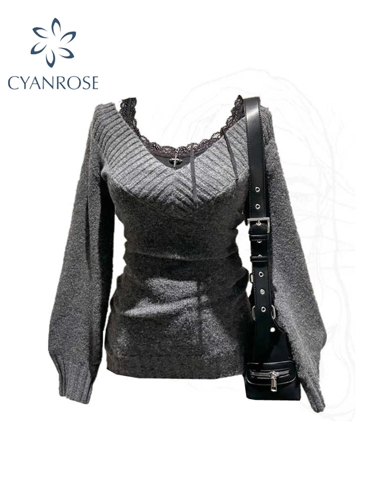 Women's Dark Grey Pullover Cashmere Sweater Harajuku Y2k Long Sleeves V-Neck Sweaters Jumper Vintage 2000s Clothes Autumn 2024