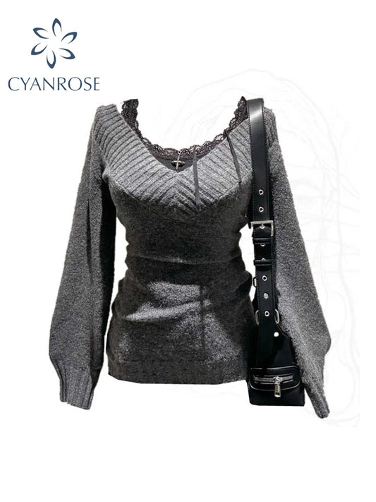 Women's Dark Grey Pullover Cashmere Sweater Harajuku Y2k Long Sleeves V-Neck Sweaters Jumper Vintage 2000s Clothes Autumn 2024