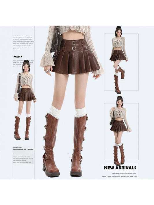 Women's Coffee Leather Pleated Skirt Harajuku Y2k 2000s Vintage Mini Skirt 90s Aesthetic Streetwear Fashion A-Line Skirt Clothes