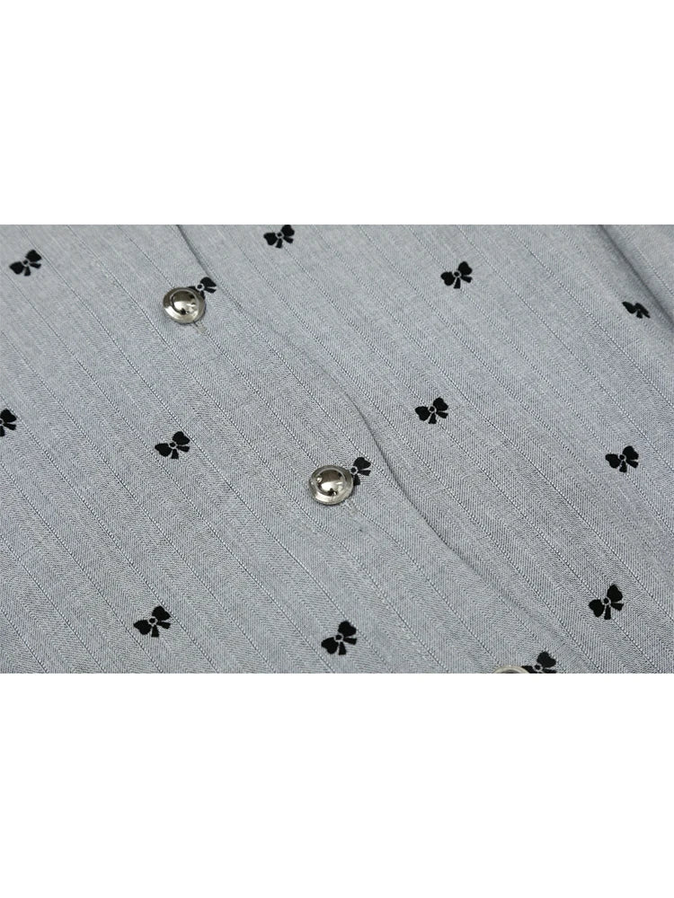 Women Grey Bow Print Shirts and Blouses Y2k 90s Vintage Korean Harajuku 2000s Elegant Long Sleeve Polo-Neck Shirt Trashy Clothes