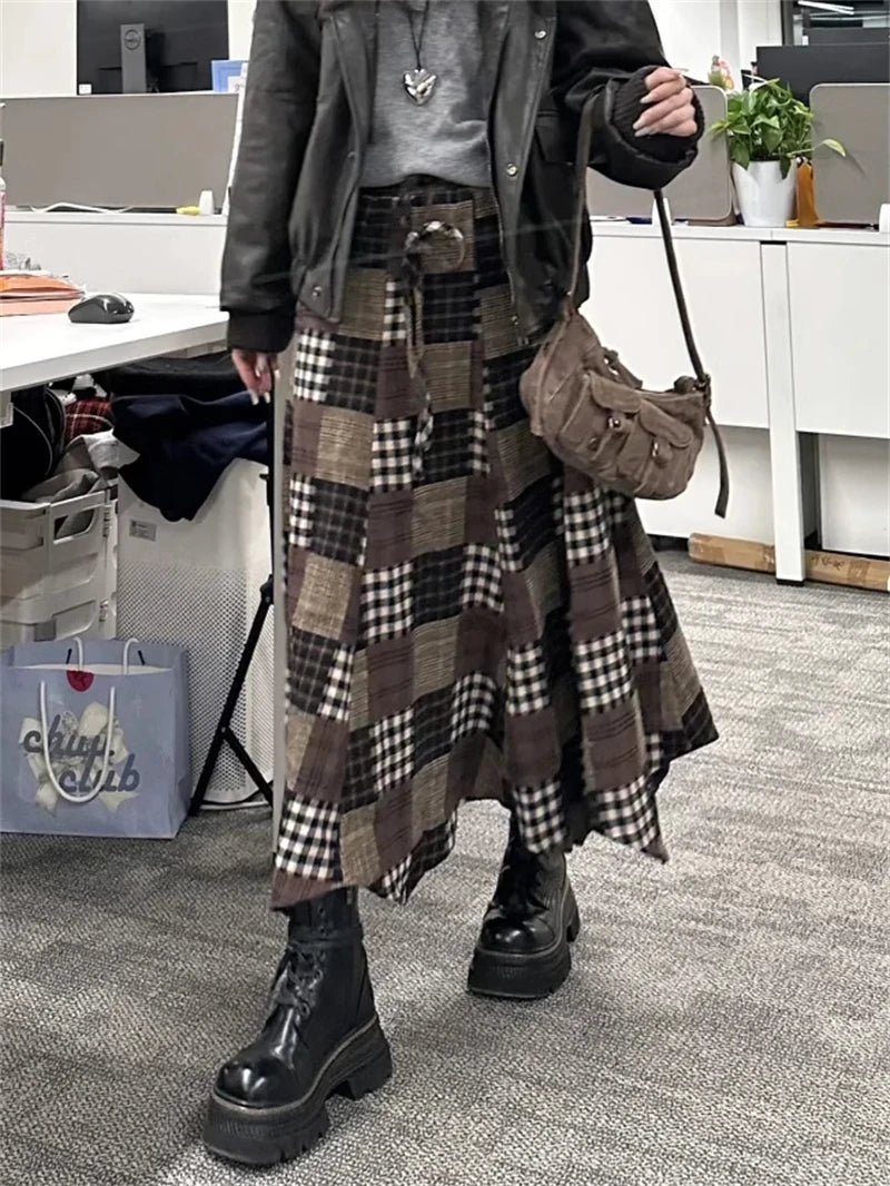 Women's Khaki Y2k Plaid Skirt Elegant Harajuku Long Skirts Streetwear 90s Aesthetic Vintage Patchwork Skirt 2000s Clothes 2025