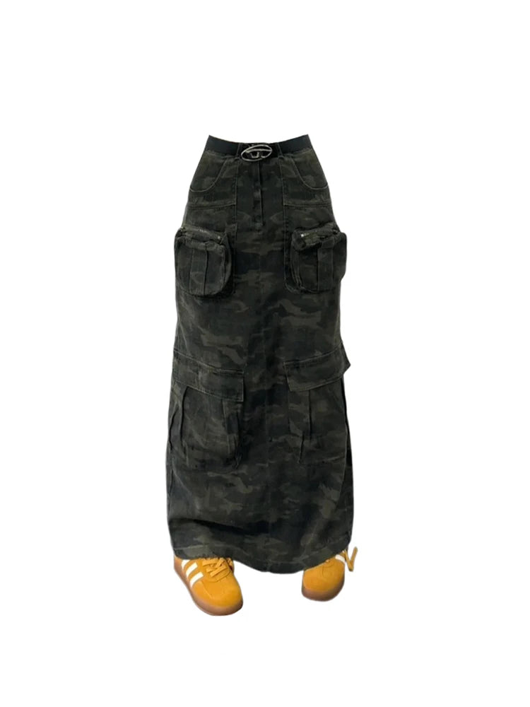 Women A-line Camouflage Skirt Vintage 90s Aesthetic Y2k Long Cargo Skirt Harajuku Korean Skirts 2000s Trashy Emo Clothes Summer