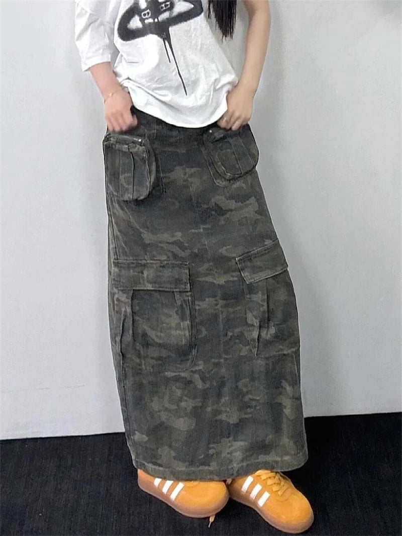 Women A-line Camouflage Skirt Vintage 90s Aesthetic Y2k Long Cargo Skirt Harajuku Korean Skirts 2000s Trashy Emo Clothes Summer
