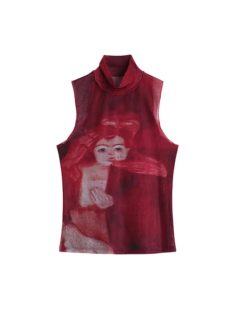 Tie Dye Mesh High Neck Hand Painted Printed Women Top 2022 Summer Fashion Sleeveless Slim T Shirt Lady Holiday Beach Style Tops