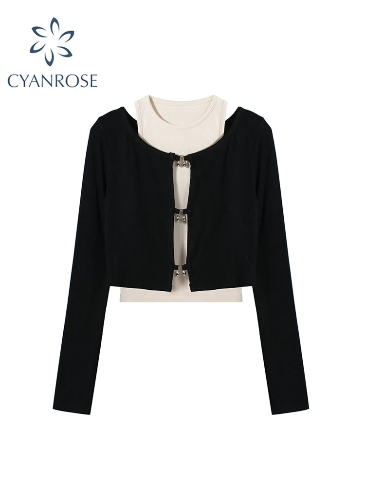 Women's T-shirt Harajuku Patchwork Crop Tops Retro Korean Y2k Black Clothes Vintage Streetwear 2023 Summer Long Sleeve Tee Top