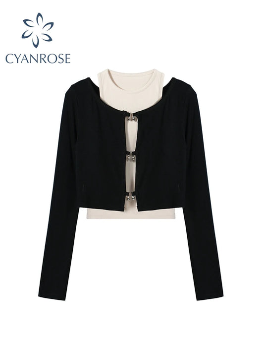 Women's T-shirt Harajuku Patchwork Crop Tops Retro Korean Y2k Black Clothes Vintage Streetwear 2023 Summer Long Sleeve Tee Top