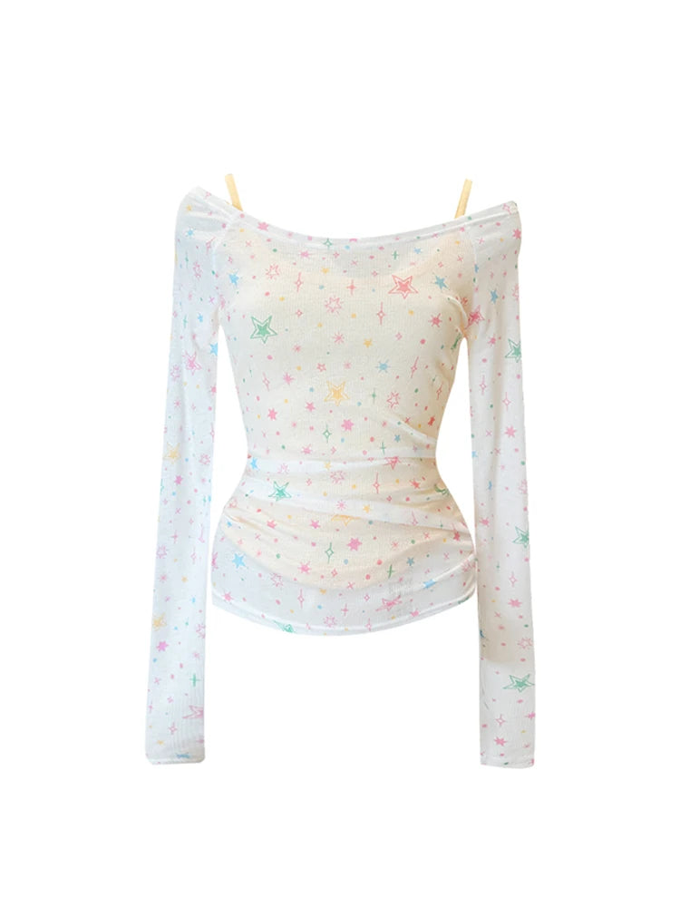 Women White Star Print T-shirt Harajuku Korean Y2k Tee Top 90s Aesthetic 2000s Fashion Vintage Slim Fashion T-shirt Clothes 2024