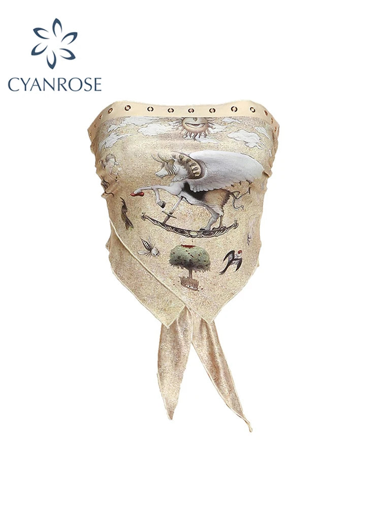 Women's Summer Graphic Print Vest Top Y2k Sexy Sleeveless Camisole Strapless T-shirt Korean With Open Shoulders Tank Top Clothes