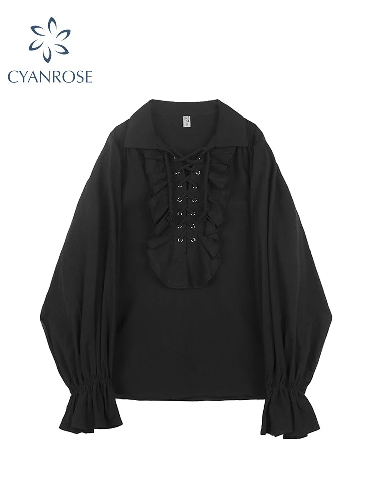 Fall Fashion Vintage Gothic Shirt Women Flare Sleeves Ruffles Oversize Club Party Evening Girl Lolita Black Blouse V-neck Tops