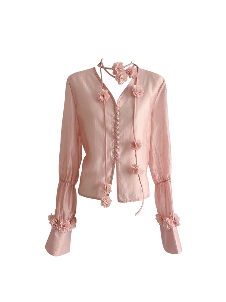 Women's Pink Blouse Shirt Long Sleeve Tops 2023 Korean Fashion Shirt Y2k Loose V-Neck Floral Shirt Ladies Chic Elegant Vintage