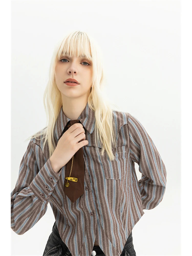 Women Striped Shirts Blouses Vintage Harajuku 90s Aesthetic Y2k 2000s Elegant Polo-Neck Long Sleeve Shirts 2000s Clothes Autumn