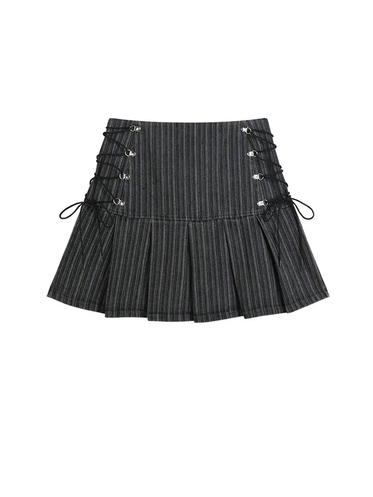 Y2k Pleated Skirt Women Sexy High Waist Grey Stripe Bandage Mini Skirts 2022 Summer New A Line Skirt Vintage Harajuku Streetwar