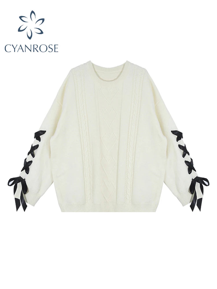 Women's Lace-up White Pullover Knitted Sweater Harajuku Y2k Long Sleeves O-Neck Sweater Jumper Vintage 2000s Aesthetic Clothes