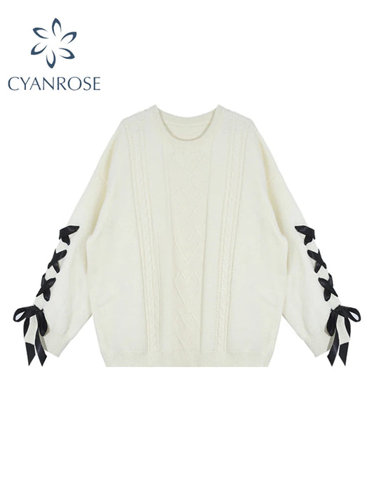 Women's Lace-up White Pullover Knitted Sweater Harajuku Y2k Long Sleeves O-Neck Sweater Jumper Vintage 2000s Aesthetic Clothes