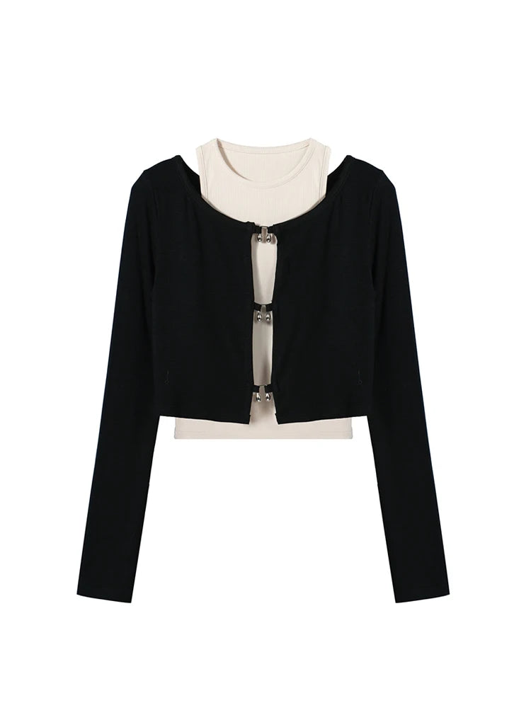 Women's T-shirt Harajuku Patchwork Crop Tops Retro Korean Y2k Black Clothes Vintage Streetwear 2023 Summer Long Sleeve Tee Top