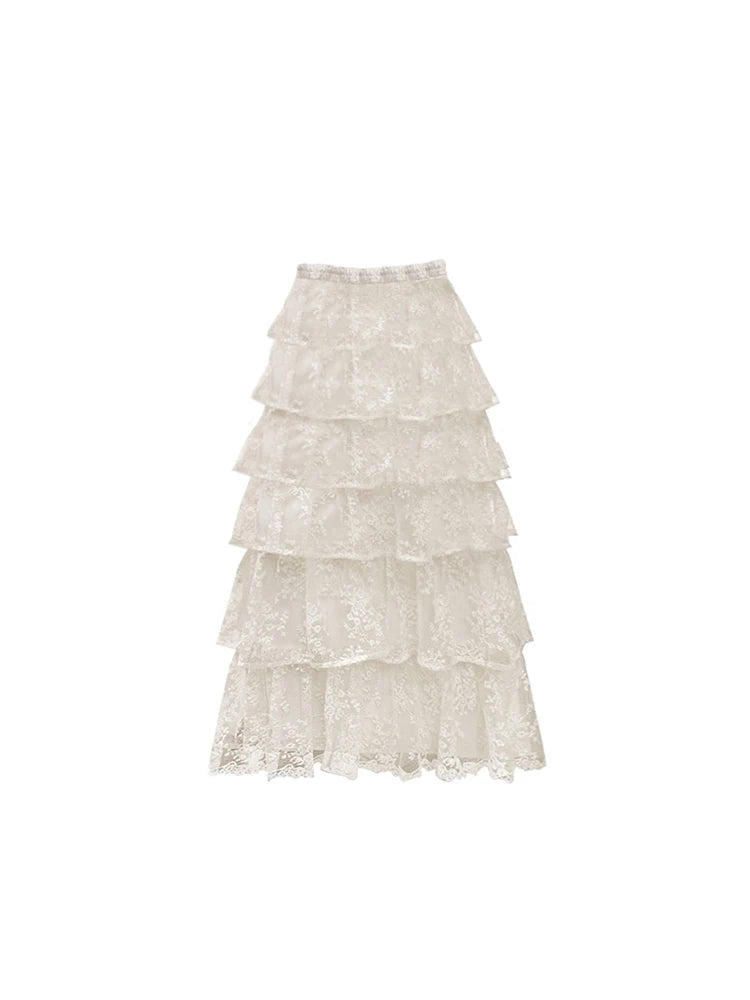 Women Apricot A-line Lace Skirt Vintage Fashion Streetwear Aesthetic Y2k Long Skirt Harajuku Korean Skirts 2000s Clothes Summer