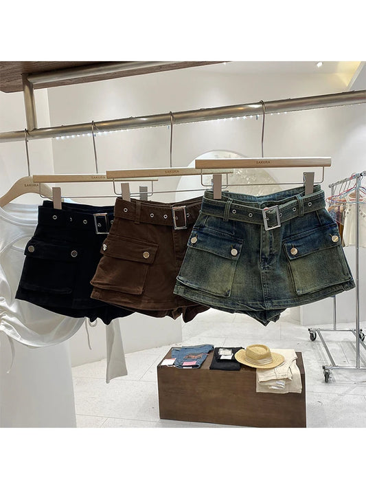 Women's Blue Denim Cargo Shorts Fashion Streetwear Y2k Casual Harajuku Korean Vintage High Waist Shorts Jeans 2000s Clothes 2023