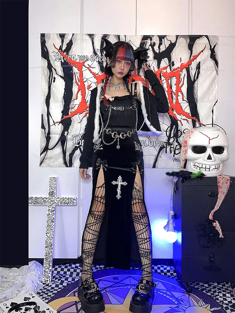 Goth Vintage Black High Split Skirts Aesthetic Sexy High Waist Bow Bodycon Long Skirt Elegant E Girl Punk Partywear Clothes Y2k