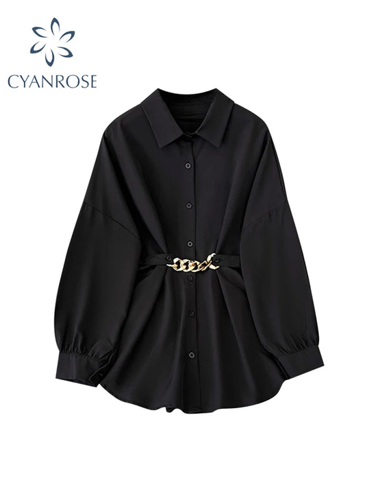 Gothic Y2K Blouse - Black Oversize Polo Neck Summer 2025