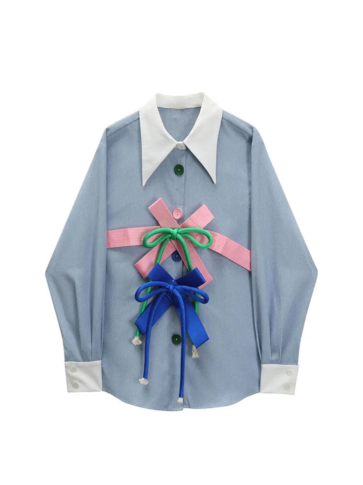 Women's 2025 Autumn Casual Button-Up Blouse - Korean Lapel Collar Long Sleeve with Bow Detail Elegant Tops