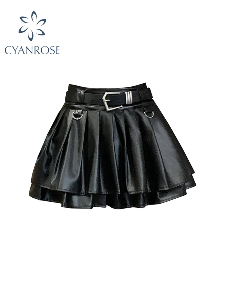 Women Black A-line Leather Skirt Vintage Aesthetic Y2k Pleated Skirt Harajuku Korean Gothic Mini Skirt Emo 2000s Clothes Summer