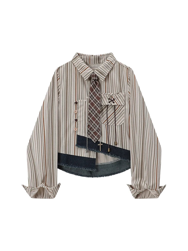 Women's Striped Shirts Blouses Y2k Aesthetic Streetwear Vintage Korean 2000s Elegant Long Sleeve Polo-Neck Shirt Clothes Summer