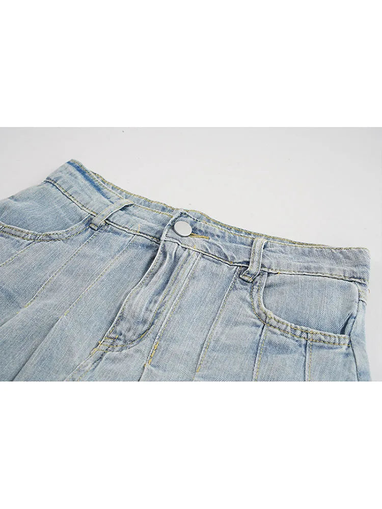 High Waist Denim Mini Skirt Women Korean Vintage New Fashion Slimming Versatile Denim Button Lotus Leaf Pleated Skirts Female