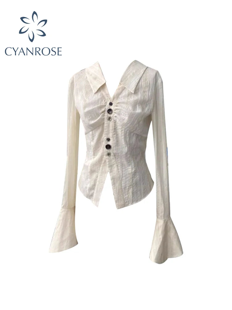 Women Shirts and Blouse Y2k 90s Vintage Korean Style Harajuku 2000s Elegant Polo-Neck Long Sleeve Shirt Top 2023 Clothes Autumn