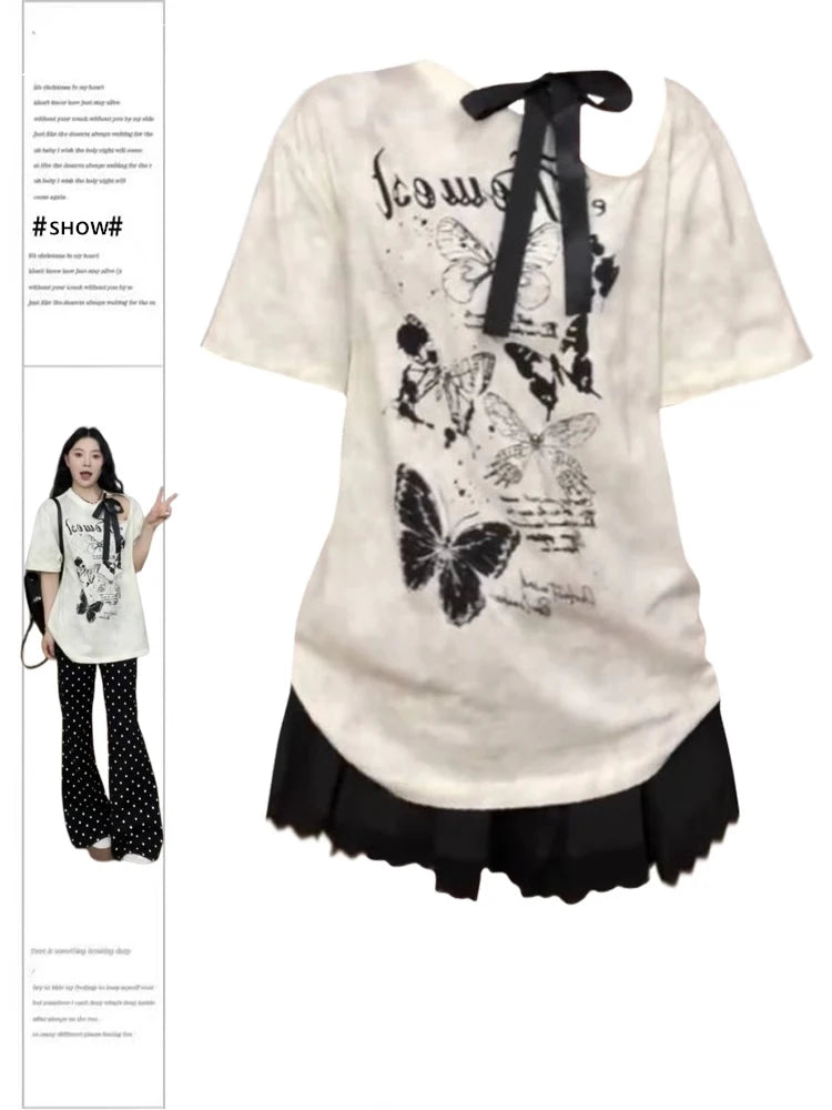 Women Short Sleeve Graffiti Print T-shirt Harajuku Korean Y2k Tee Top Aesthetic Streetwear Vintage T-shirts 2000s Clothes Summer