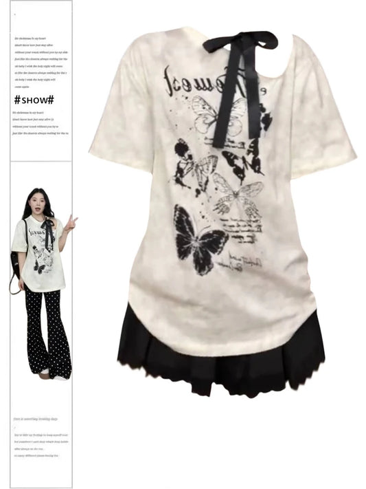 Women Short Sleeve Graffiti Print T-shirt Harajuku Korean Y2k Tee Top Aesthetic Streetwear Vintage T-shirts 2000s Clothes Summer