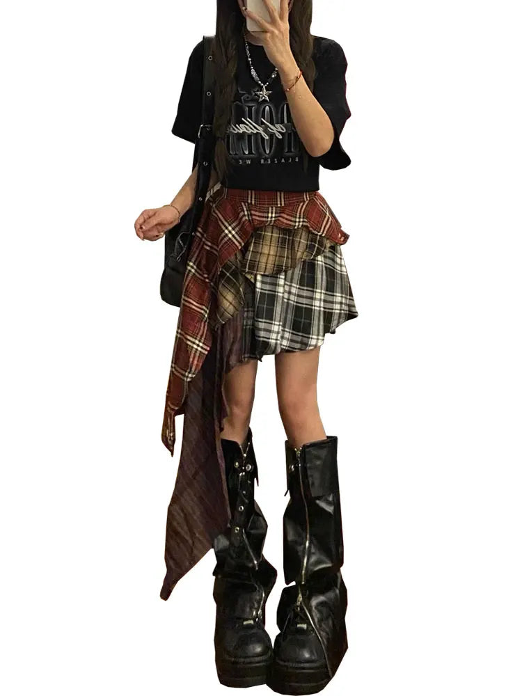 Women's A-line Plaid Skirt Vintage Fashion Aesthetic Y2k Asymmetrical Mini Skirt Harajuku Korean Skirt 2000s Clothes 2024 Summer
