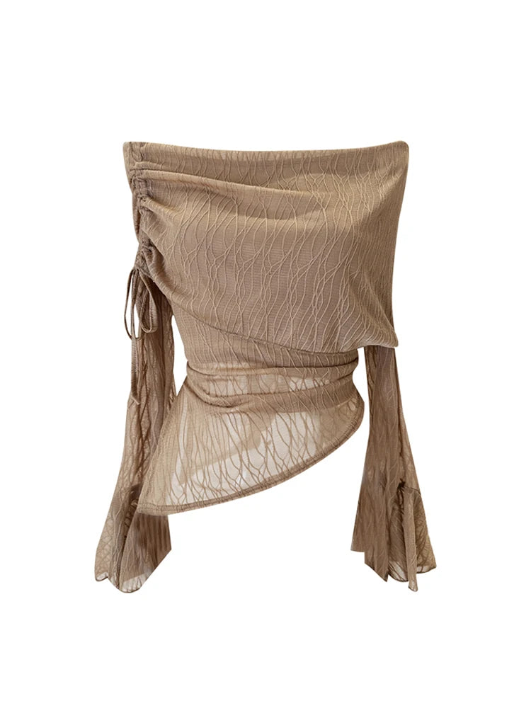 Women's Khaki Slash Neck T-shirt Harajuku Korean Y2k Tee Top 2000s Clothes Aesthetic Fashion Long Sleeve Vintage T-shirts Autumn