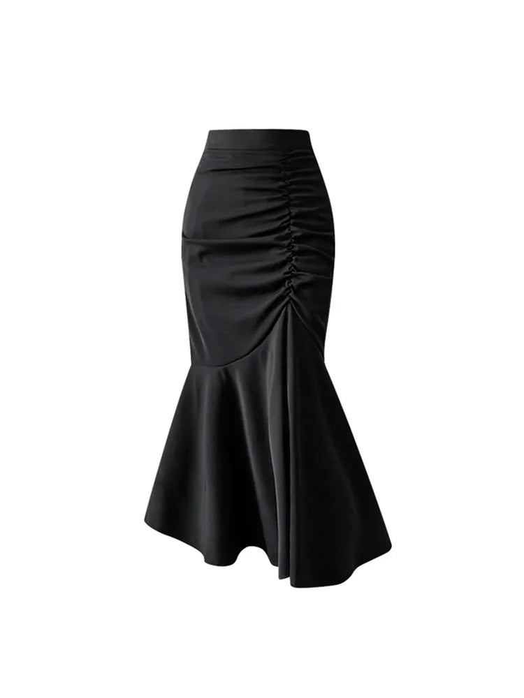 Black Women Ruched Vintage Skirt Elegant French Casual High Waist Streetwear Office Ladies Trumpet Female Party Court Skirt Y2k