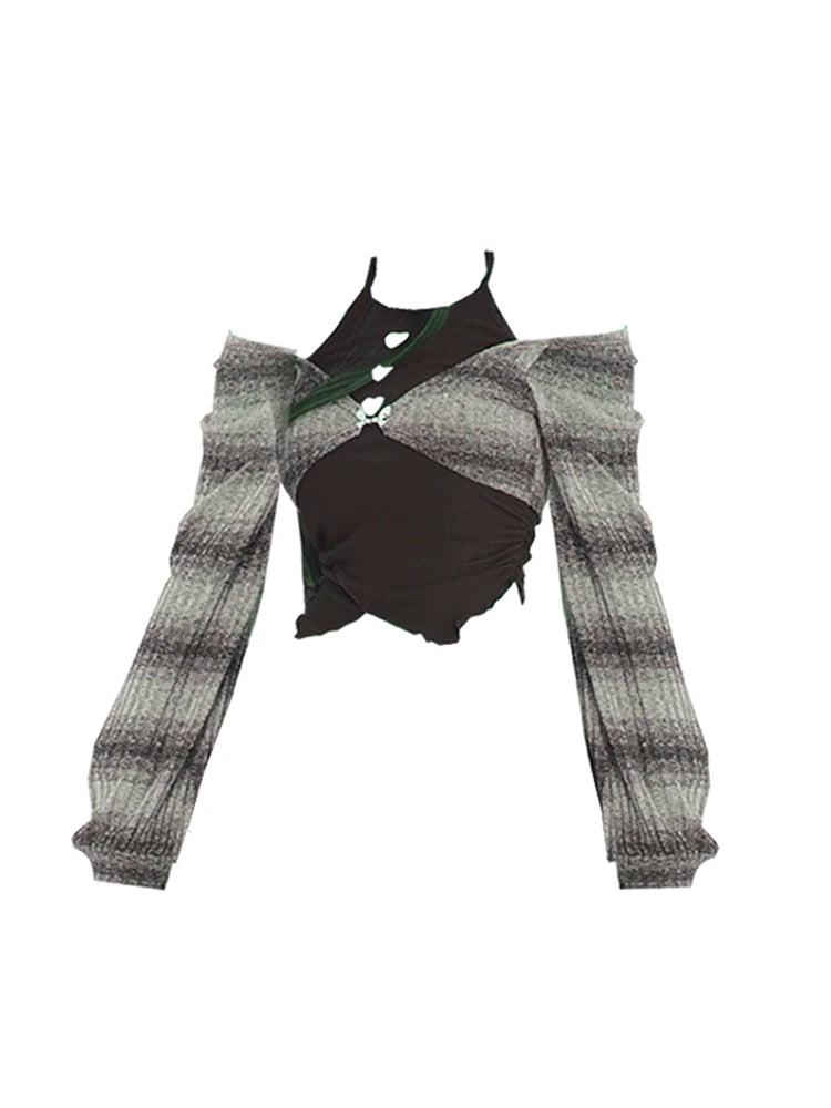 Women's Striped T-shirt Harajuku Korean Y2k Tee Top Vintage Elegant Streetwear Aesthetic Long Sleeve T-shirt 2000s Clothes 2024